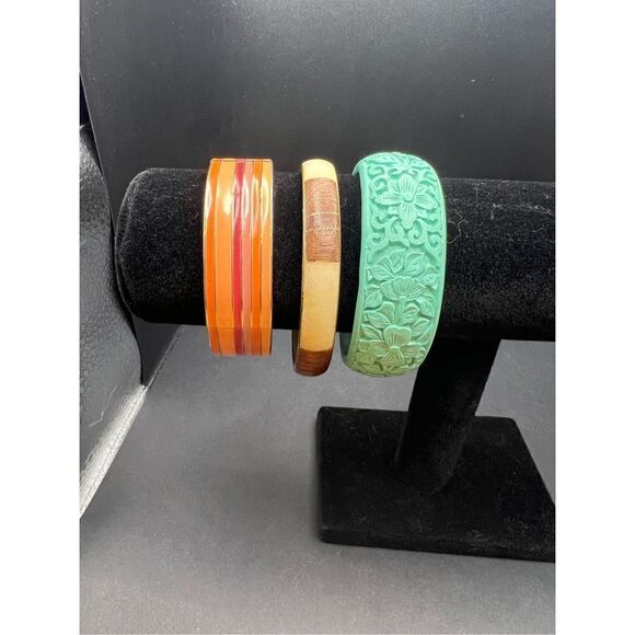 Fashion Bangle Bracelets Floral Wood Metal Mini Lot of 3 - Picture 1 of 7